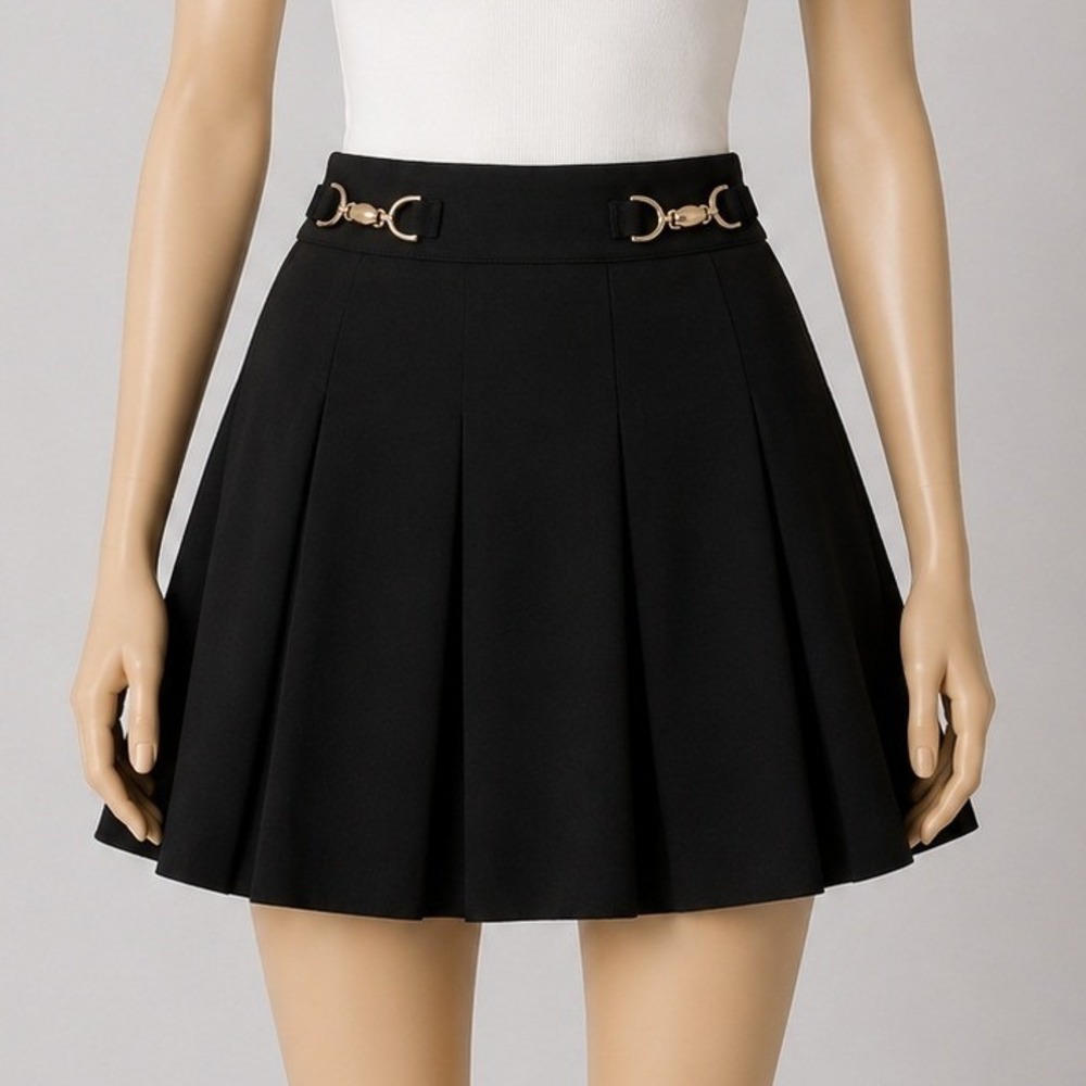 H&M Womens Mini Skirt Black Pleated Gold‎ Horsebit Detail XS